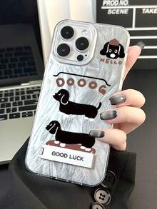 1pc Silver Feather Tulle Cute Cartoon Sausage Dog Phone Case With 3D Metal Stand, Compatible With IPhone 11/12/13/14/15/16/17/Pro Max - Silver - View 3