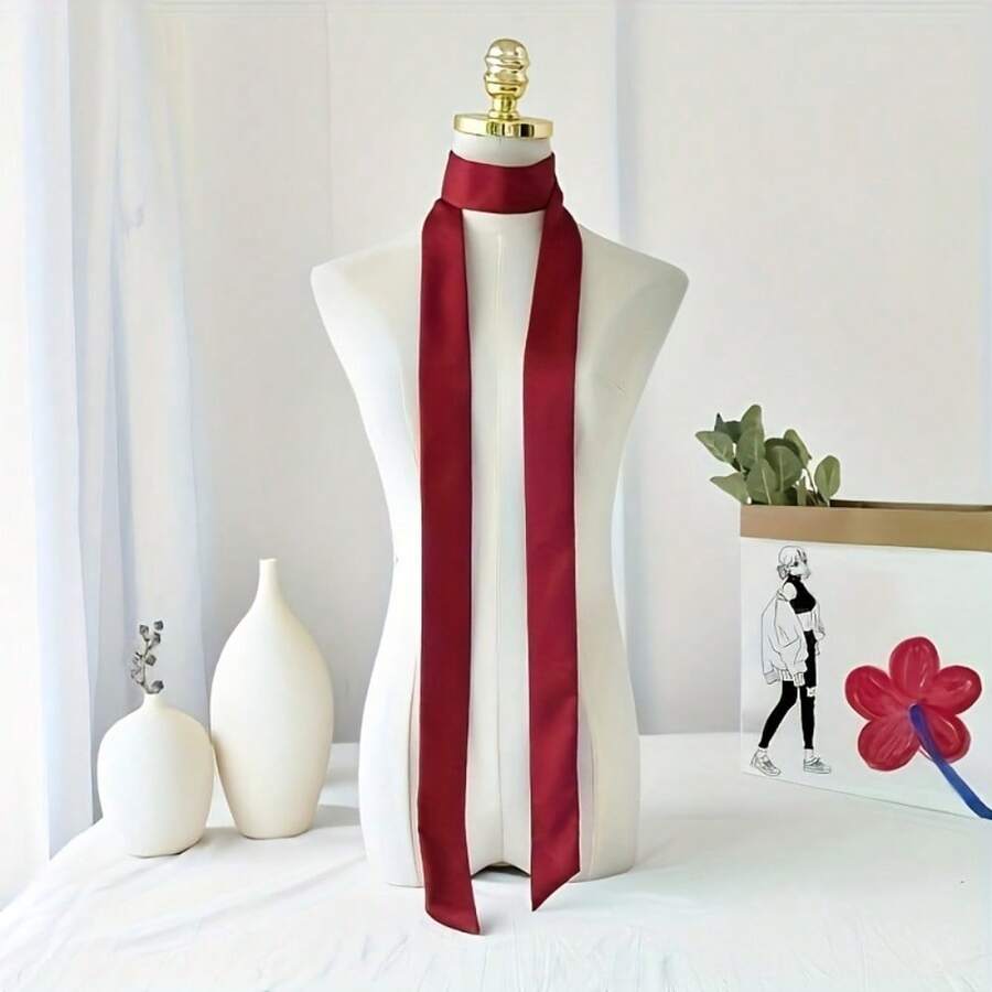 Solid Color Thin And Narrow Strip Small Silk Scarf Women's Scarf Small Scarf Belt Headband Bag Decoration Hair Versatile Streamer - 紅色 - 查看 1