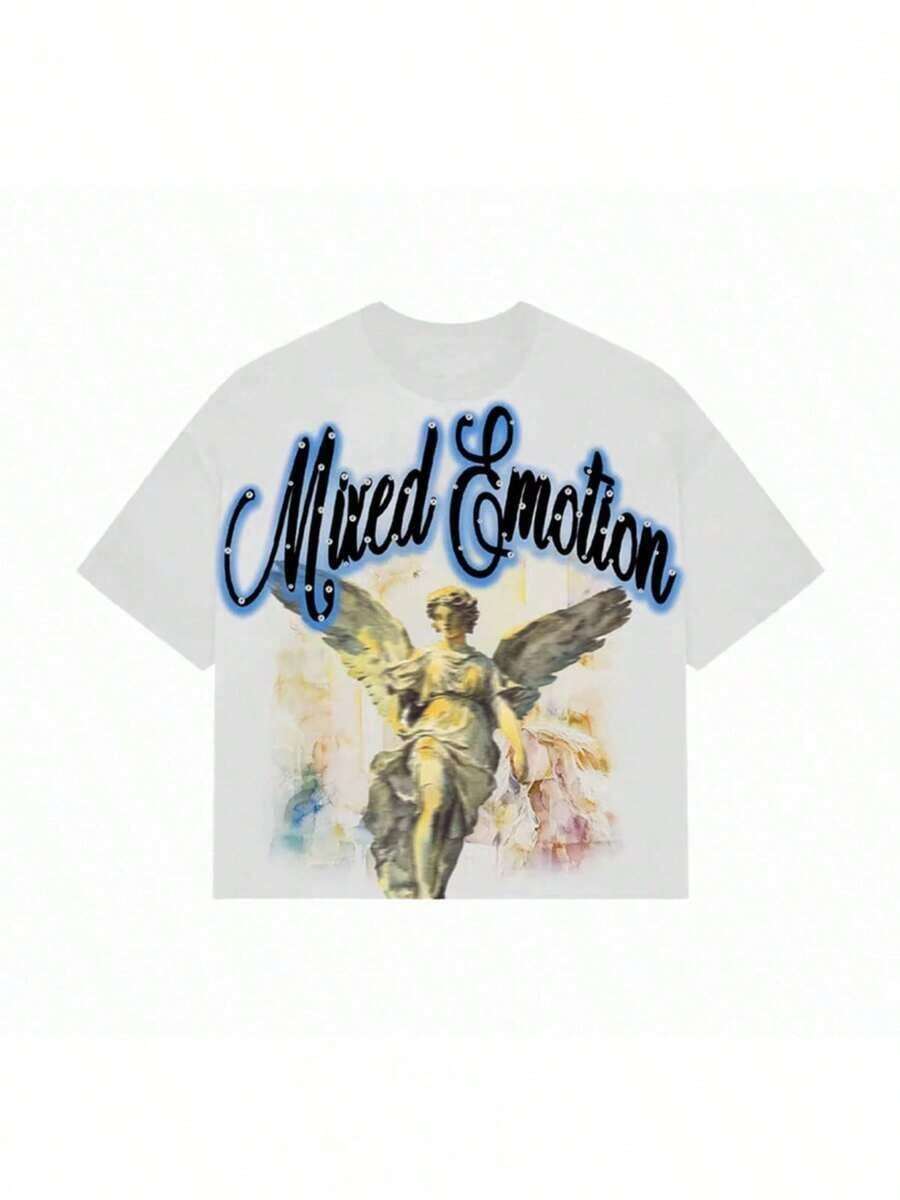 1 Pcs2K Men's Casual Graphic T-Shirt - Mixed Emotions Watercolor Angel Wings Print, Regular Fit Short Sleeve Round Neck Summer Top, Machine Washable, Cute Style, Daily Wear, Bold Letter Design, Soft Fabric, Fashion  Essential180g 100% Cotton - 白色 - 查看 1