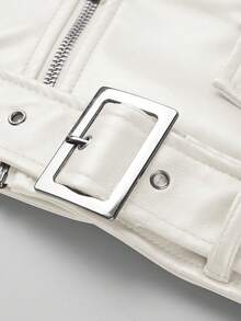 Giolshon Women's Autumn/Winter Street Style Faux Leather Short Biker Jacket - Asymmetric Zipper, Adjustable Waistband, Fashionable Urban Commuter Look - White - View 6