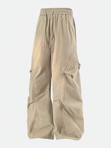 Men's Black Oversized Baggy Wide Leg Cargo Parachute Pants Drawstring Elastic Waist With Pockets Loose Fitting Retro Punk Casual Streetwear Lightweight Comfortable Versatile Unisex Casual Pant For Everyday Wear Going Out Workout Classic American Outfit - 卡其色 - 查看 7