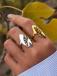 2pcs/1pc Vintage Fashion Stainless Steel 18K Gold Plated Women's Ring With Cutout Leaf Design Personalized For Everyday Wear - Multicolor - View 5