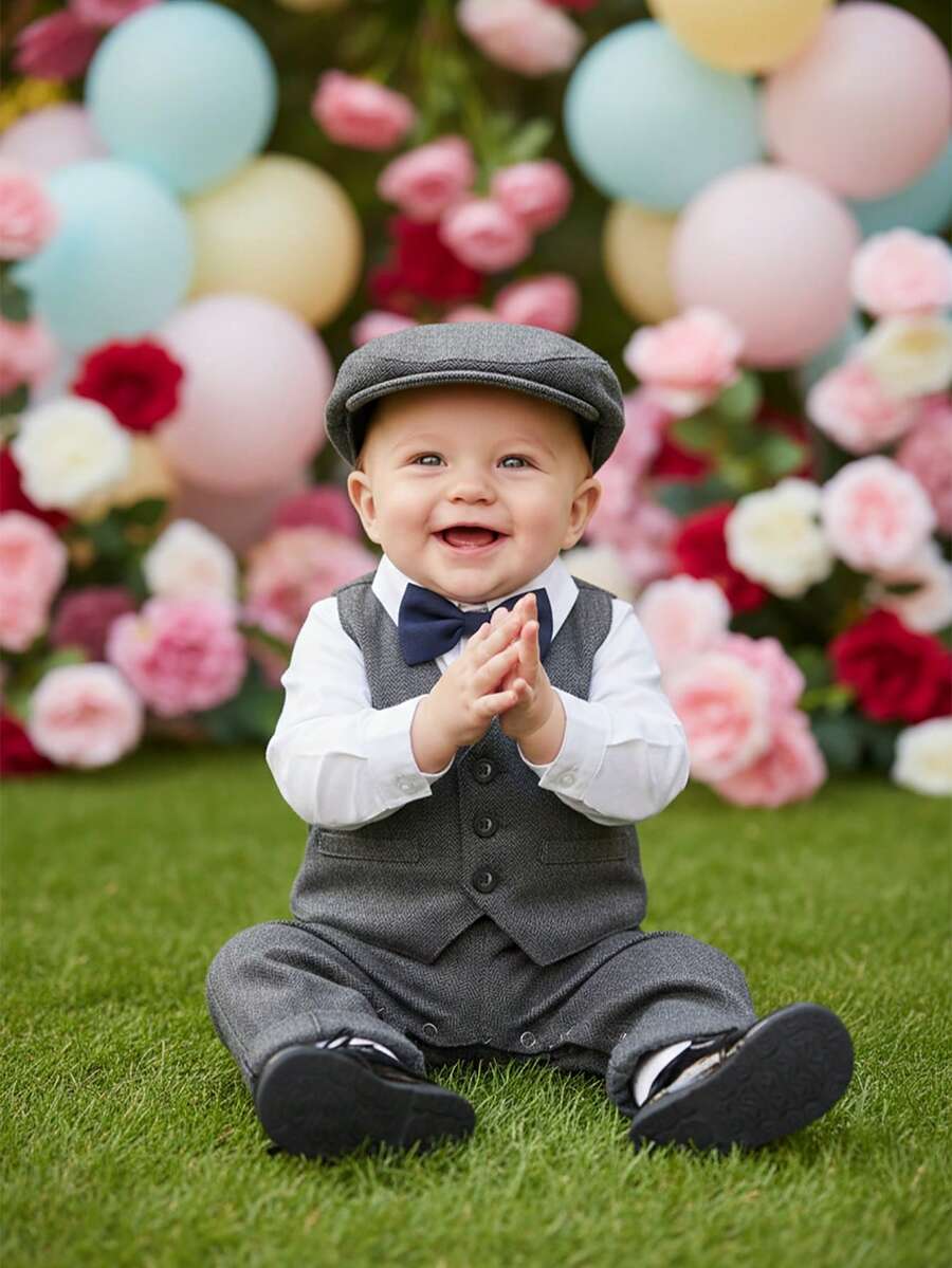 BOARNSEORL 2pcs Baby Boys Gentleman Outfit, Long Sleeve Romper With Bow Tie And Gray Vest, Fashionable & Cute For Birthday Party, Wedding, Christening, 1st Birthday Celebration - Dark Grey - View 1