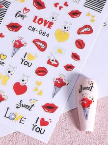 2pcs Cartoon Heart Dog Lip Texture Love Letter Valentine's Day Golden Gradient Pattern Nail Art Stickers, Nail Decoration DIY Nail Tools Nail Supplies - Multicolor - View 6