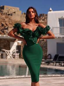 ADYCE Off Shoulder Exaggerated Ruffled Mesh Stitching Tight High-Waist Cocktail Party Mid-Length Bandage Dress, Elegant Prom Semi Formal Wedding Guest Dress, For Birthday, Graduation, Dinner, Homecoming Spring - Green - View 1