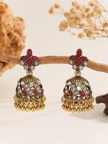 一对优雅的波西米亚风水晶水钻串珠流苏耳环，宝莱坞风格珠宝，适合女性和女孩日常佩戴，也适合节日、婚礼和派对等场合/珠宝礼品 - Jhumka - 查看 6