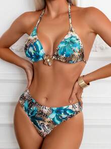 Conjunto de bikini bohemio de 3 piezas con estampado floral y de hojas, con espalda descubierta y atar, adecuado para el escenario, conciertos, playa, fiestas y vacaciones de verano - Multicolor - Ver 3