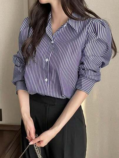 Women's Striped Long Sleeve Single-Breasted Casual/Work Shirt