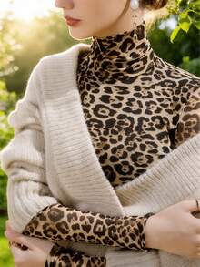 JoWins New Classic Leopard Print Turtleneck Mesh Blouse, Fitted Long Sleeve Undershirt, Elegant Retro Style For Daily Commute & Versatile Wear - Leopard Print - View 5