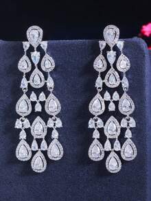 一对奢华镀金长款水滴流苏耳环，巴西风格婚礼耳环，立方氧化锆首饰配饰，适合订婚、婚礼、派对、舞会、伴娘礼物 - 1 pair earrings - 查看 8