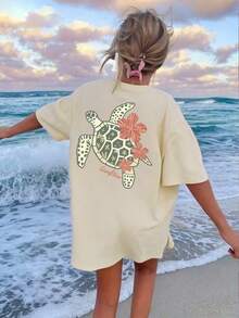 Women's Summer New Simple Slogan Print Casual Vacation Loose Fit Round Neck Short Sleeve T-Shirt, Fashionable Everyday Top, Suitable For Daily And Vacation Wear. Women's T-Shirt Top. - Apricot - View 8