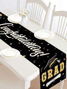 1pc Graduation Celebration Party Tablecloth, Black Congratulations Graduate Black & Gold Mortarboard Pattern Table Runner, 2026 Graduation Tablecloth Tabletop Decor, Graduation Party 2026 Restaurant Table Decor, Home Decor, Graduation Party Supplies, Graduation Theme Table Runner, Party Favors, Photography Props - Black and Gold Graduation Cap - View 7