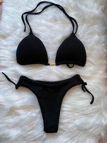 Ribbed Triangle Bikini Bottom, Double String Bikini Bottom, Semi-Thong - Negro - Ver 1