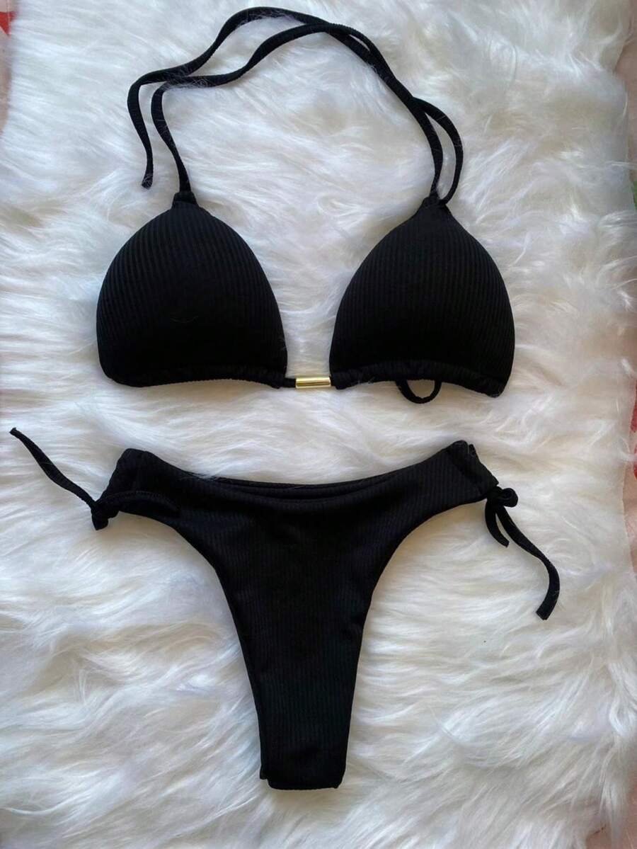Ribbed Triangle Bikini Bottom, Double String Bikini Bottom, Semi-Thong - Negro - Ver 1