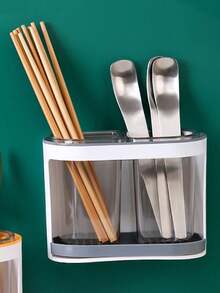 1pc Household Chopstick Holder, Dual Compartment Drainable Chopstick Box, Kitchen Luxury Wall-Mounted Cutlery Storage - Multicolor - View 6