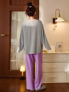 2pcs/Set Women Cotton Cute Printed Long Sleeve Pajama Set, Spring/Autumn - Grey - View 2