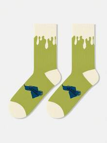 1 Pair Men's Colorblock Cream Graffiti Letter Personalized Artistic Design Combed Crew Socks, Suitable For Travel, Home, Office, Holiday Gifts - Multicolor - View 2