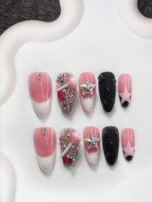 10pcs Princess Style Acrylic Nail Art Decoration Set, Including 3D Lollipop, Silver Star, Rose Red Flower, Silver Rhinestones, Solid Color Water Drops Nails Handmade Press On Nails - Multicolor - View 14