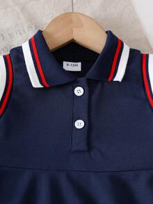 Baby Girls' Fashionable Versatile Minimalist Collegiate Striped Polo Collar Sleeveless A-Line Dress, Suitable For School, Study, Campus Activities, Relaxing At Home, Outdoor Play, Etc. - Royal Blue - View 5