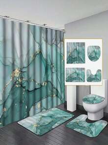 1/4 Piezas Juego de baño con patrón de mármol azul y verde, Cortina de ducha impermeable con 12 ganchos, Alfombra en forma de U, Tapa de inodoro, Alfombra en forma de L, Accesorios de baño, Decoración de baño con estilo - Multicolor - Ver 6