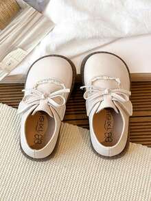 1 Pair Girls Leather Shoes, Butterfly & Pearl Design, Soft Bottom, Versatile Princess Loafers, Suitable For Spring & Autumn - Beige - View 3