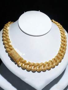 1pc European And American Fashion 15MM Thick Chain Bubble Chain Cuban Chain Necklace Hiphop Street Personalized Hip Hop Jewelry, Send Boyfriend Gift (Suggest You Size Up) - 金色 - 查看 7