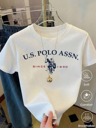 Playera Blanca de Mujer con Logo de U.S. POLO ASSN. Clásico, Camiseta con Estampado de 1890 Manga Corta, Top de Estética Old Money, Blusa Casual Estilo Preppy de Moda