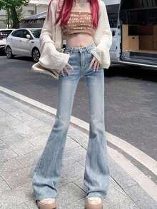 弹力修身蓝色牛仔喇叭裤，休闲街头风，百搭设计，春夏款 - 淺色水洗藍 - 查看 2