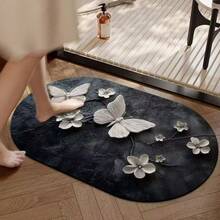 1pc Vintage Wood Grain Butterfly Print Silica Gel Bath Mat & Rug, Dirt-Resistant, Machine Washable, Suitable For Bathroom, Kitchen And All Seasons - Black - View 11