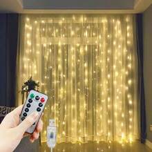 1 pieza Luces de cortina alimentadas por USB, luces de ambiente para Eid para dormitorio, cumpleaños, boda, fiesta, decoración de pared de fondo de ventana interior (control remoto sin batería) - Luz de cortina USB - Ver 21