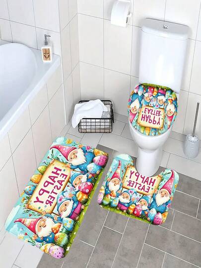 1pc/3pcs Easter Dwarf & Colorful Egg Pattern Bathroom Mat, Foldable Easy Care Carpet, Modern Thick Absorbent Non-Slip Mat, Decorative Carpet For Bathroom, Toilet, Living Room, Indoor Entrance, Easter Room Decor, Easter Home Gift, Holiday Present