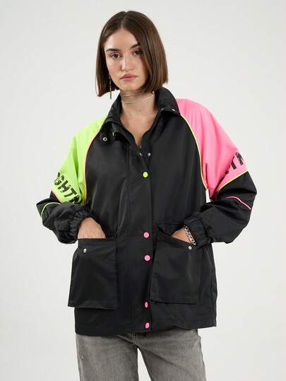 Neon Color-Block And Letter Printed Windbreaker Jacket – Black – Lined – MADE IN TURKEY