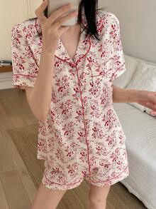 Pure Slumber 2pcs Ditsy Floral Women Pajama Set, Collared Textured Fabric Suit - Red - View 1