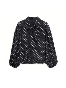 YUXIN 女士春夏波点长袖衬衫，丝滑系领宽松透气，适合多种场合穿着，如办公室、休闲度假派对等，黑色款。 - 黑色 - 查看 11