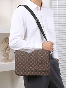 HOVI'S 男士斜挎包，棕黄色字母格纹印花面料 - 翻盖按扣和拉链闭合，可调节肩带，大容量平板电脑隔层，新年礼物，情人节礼物 - 棕色 - 查看 2