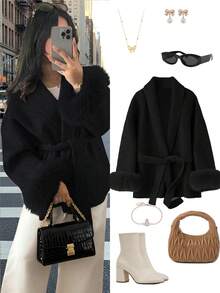 Women's New Aristocratic Style Tie-Sleeve Faux Fur Jacket, Elegant Wool-Like Fabric, Belted Waist, Slim Fit, Autumn/Winter Women's New Aristocratic Style Tie-Sleeve Faux Fur Jacket, Elegant Wool-Like Fabric, Belted Waist, Slim Fit, Autumn/Winter Women's Warm Faux Overcoat, V-Neck, Dolman Sleeves, Tie Waist, Faux Fur Cuffs, Elegant Style, Suitable For Autumn/Winter - Black - View 1