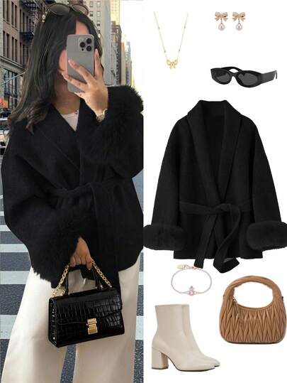 Women's New Aristocratic Style Tie-Sleeve Faux Fur Jacket, Elegant Wool-Like Fabric, Belted Waist, Slim Fit, Autumn/Winter Women's New Aristocratic Style Tie-Sleeve Faux Fur Jacket, Elegant Wool-Like Fabric, Belted Waist, Slim Fit, Autumn/Winter Women's Warm Faux Overcoat, V-Neck, Dolman Sleeves, Tie Waist, Faux Fur Cuffs, Elegant Style, Suitable For Autumn/Winter