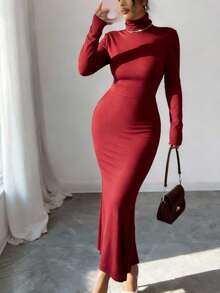 Solid Color Casual High Neck Dress - Burgundy - View 6