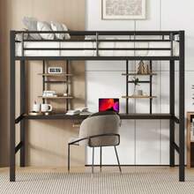 (=WX000127AAB) Metal Bed Frame, Iron Bed, Loft Bed With Desk And Two Shelves For Children, Teenagers And Adults, 140 X 200 Cm, Black - Black - View 2