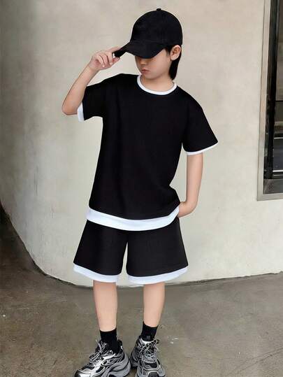 2pcs Tween Boys Casual Contrast Color Block Round Neck T-Shirt And Straight Shorts Set