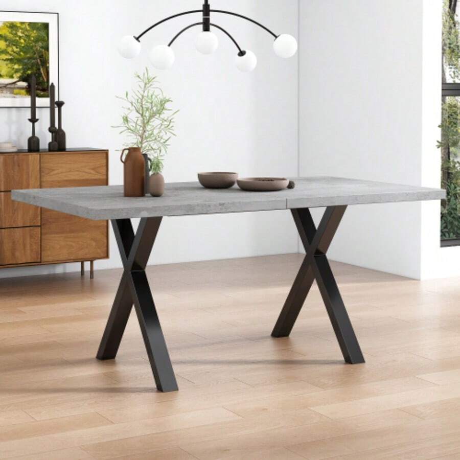Dining Table, Cross-Leg Design, Rectangular Dining Table, Coffee Table, Modern And Simple Wrought Iron Dining Table, L140*W80*H76cm, Concrete Look + Black [Old SKU: N634p243368b]