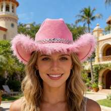 Western Style Cowgirl Cap Stylish Feather Tassel Brim Decorated Wide Brimmed Hat For Men Women Cosplay Party - Hồng - Xem 2