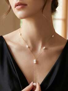 1pc 925 Sterling Silver 14k Gold Plated Y-Shaped Freshwater Pearl Pendant Necklace, Natural Gemstone, Suitable For Women's Wedding, Party Occasions, Can Be Used As A Gift