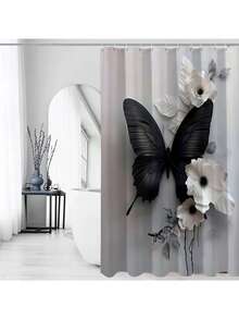 1/4pcs Polyester Shower Curtain - Black & White Floral And Butterfly Design, With Roses, Lilies, Sunflowers | Machine Washable | Elegant Bathroom Decor, Shower Privacy | Fashionable Design | Polyester Fiber, Shower Curtain Set - A - View 15