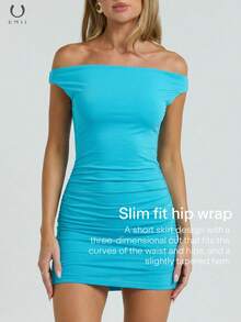 UMII Women's Summer Peacock Blue Off Shoulder Ruched Bodycon Mini Dress, Convertible Spaghetti Strap Fitted Party Dress - Blue - View 5