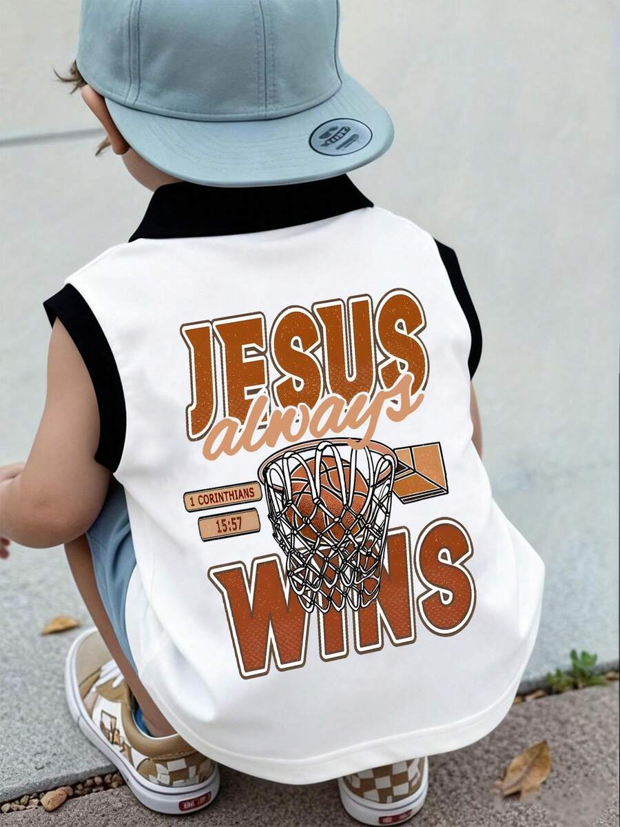 Sleeveless Boys' Basketball Shooting Print Polo Shirt, Creative Design Highlights Personalized, Suitable For Spring/Summer Casual Wear - Black - View 1