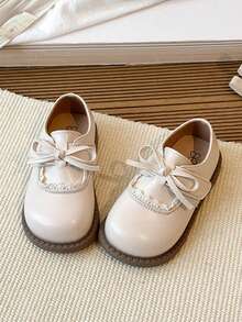 1 Pair Girls Leather Shoes, Butterfly & Pearl Design, Soft Bottom, Versatile Princess Loafers, Suitable For Spring & Autumn - Beige - View 4