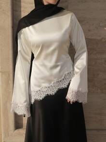 Áo kiểu nữ thanh lịch bằng vải satin, cổ tròn, tay dài, thắt eo, phối ren, chất liệu vải dệt trơn, phối ren bất đối xứng, thích hợp cho công sở, thường ngày, hẹn hò, mùa xuân/hè, màu trắng. - trắng - Xem 9