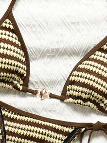 2pcs Women's Striped Sexy Backless Tie-Up Bikini Swimwear, Beach Vacation Summer - Maroon - View 2