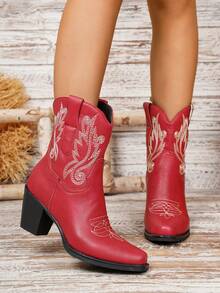 2026 女士时尚粗跟方头刺绣经典西部靴 - 紅色 - 查看 4